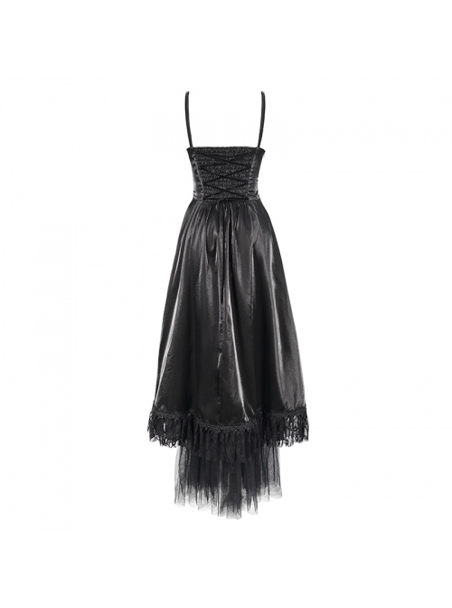 Front Decals Back Waist Lace-Up Lace Mesh Hem Black Gothic Sling Dress
