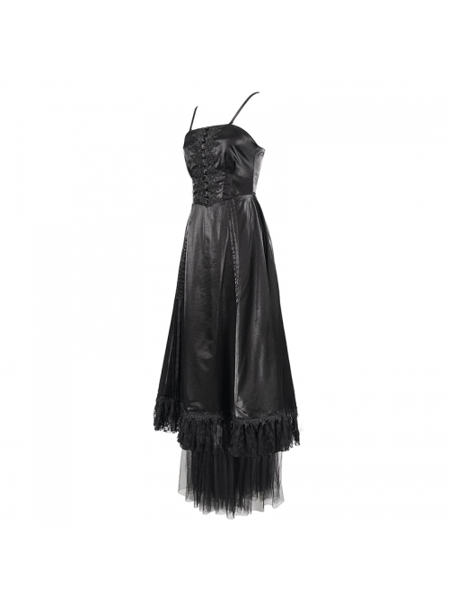 Front Decals Back Waist Lace-Up Lace Mesh Hem Black Gothic Sling Dress