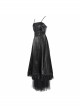 Front Decals Back Waist Lace-Up Lace Mesh Hem Black Gothic Sling Dress