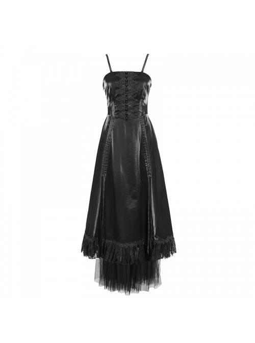 Front Decals Back Waist Lace-Up Lace Mesh Hem Black Gothic Sling Dress