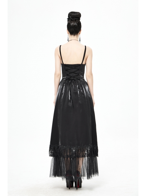 Front Decals Back Waist Lace-Up Lace Mesh Hem Black Gothic Sling Dress