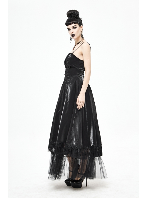 Front Decals Back Waist Lace-Up Lace Mesh Hem Black Gothic Sling Dress