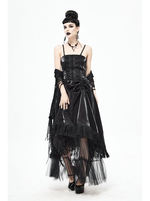 Front Decals Back Waist Lace-Up Lace Mesh Hem Black Gothic Sling Dress