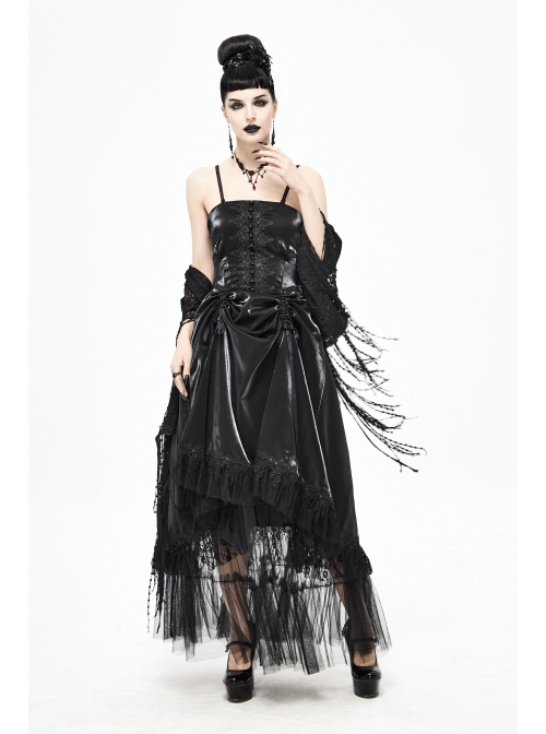 Front Decals Back Waist Lace-Up Lace Mesh Hem Black Gothic Sling Dress