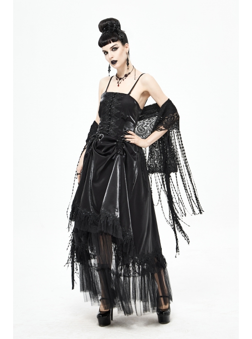 Front Decals Back Waist Lace-Up Lace Mesh Hem Black Gothic Sling Dress