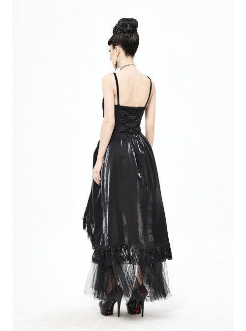 Front Decals Back Waist Lace-Up Lace Mesh Hem Black Gothic Sling Dress