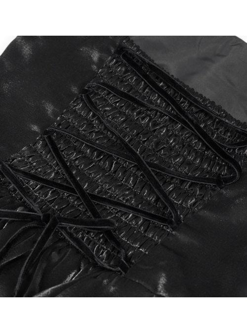 Front Decals Back Waist Lace-Up Lace Mesh Hem Black Gothic Sling Dress