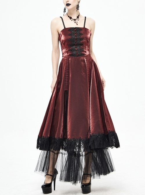 Front Decals Back Waist Lace-Up Lace Mesh Hem Red Gothic Sling Dress