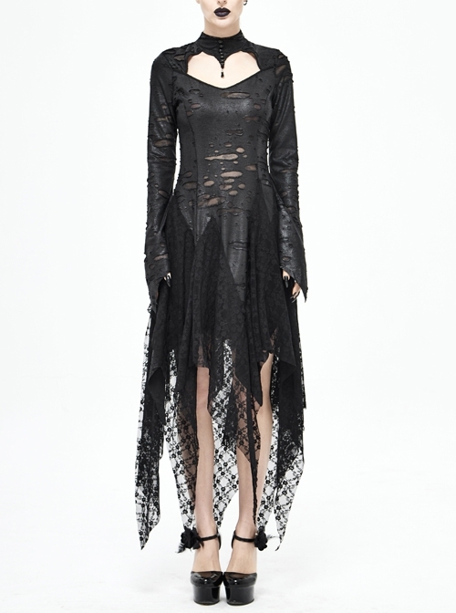 Front Chest Hollow-Out Flare Sleeve Three-Dimensional Spine Decoration Irregular Mesh Hem Black Punk Broken Holes Dress
