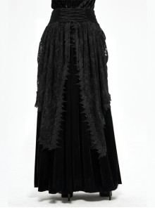 Front Decals Lace-Up Side Flocking Lace Mesh Black Gothic Velvet Long Skirt
