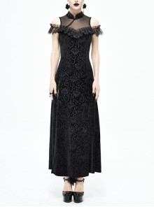 Stand-Up Cheongsam Collar Front Chest Splice Mesh Backless High Slit Hem Black Gothic Embossed Velvet Dress