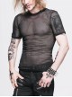 Round Collar Short Sleeve Black Punk Mesh T-Shirt