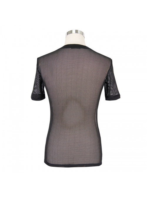 Round Collar Short Sleeve Black Punk Mesh T-Shirt