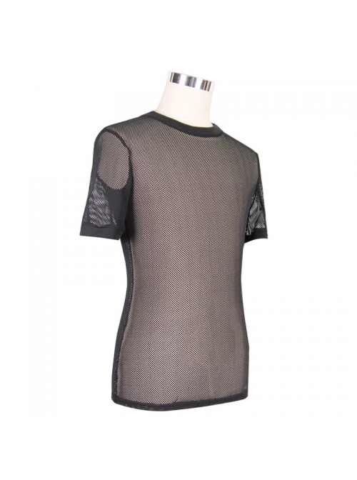 Round Collar Short Sleeve Black Punk Mesh T-Shirt