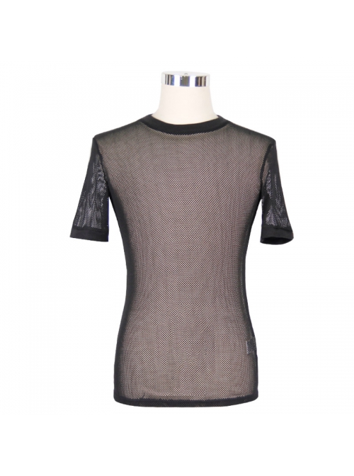 Round Collar Short Sleeve Black Punk Mesh T-Shirt