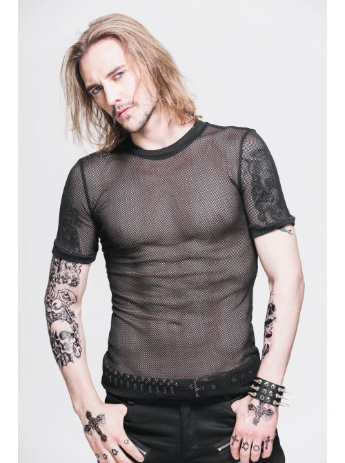 Round Collar Short Sleeve Black Punk Mesh T-Shirt