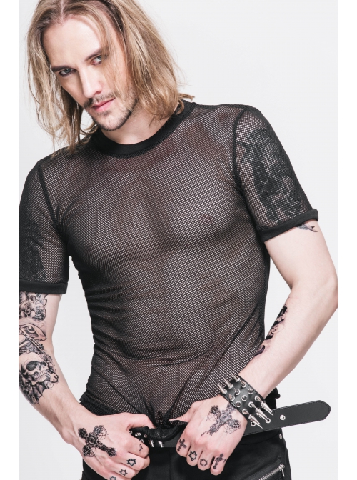 Round Collar Short Sleeve Black Punk Mesh T-Shirt