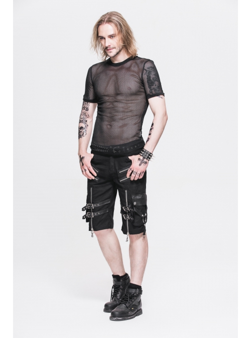 Round Collar Short Sleeve Black Punk Mesh T-Shirt