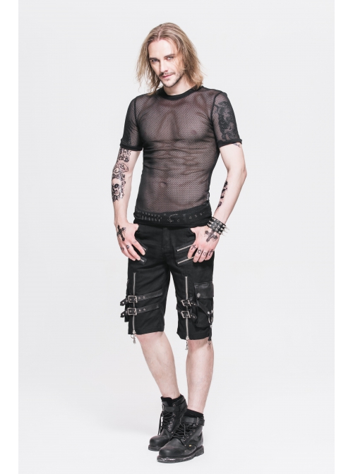 Round Collar Short Sleeve Black Punk Mesh T-Shirt