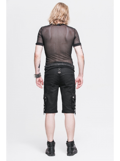 Round Collar Short Sleeve Black Punk Mesh T-Shirt