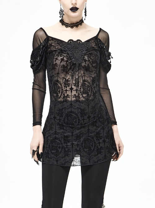 Off-Shoulder Front Chest Decals Bead Sleeve Beaded Tassel Webbing Black Gothic Flocking Print Top