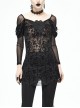Off-Shoulder Front Chest Decals Bead Sleeve Beaded Tassel Webbing Black Gothic Flocking Print Top