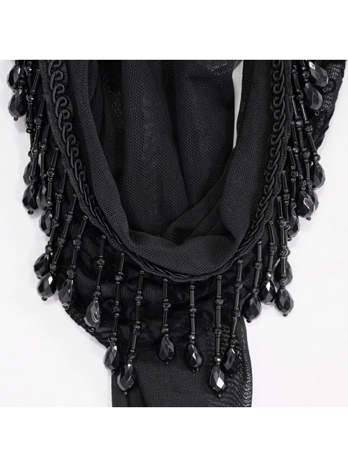 Off-Shoulder Front Chest Decals Bead Sleeve Beaded Tassel Webbing Black Gothic Flocking Print Top