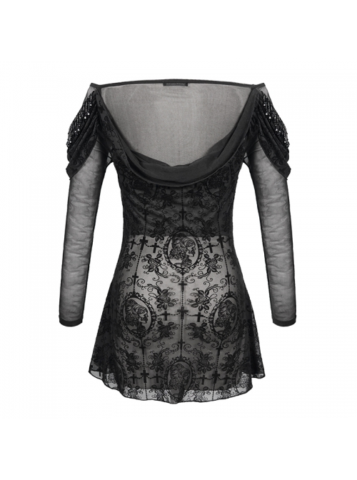 Off-Shoulder Front Chest Decals Bead Sleeve Beaded Tassel Webbing Black Gothic Flocking Print Top