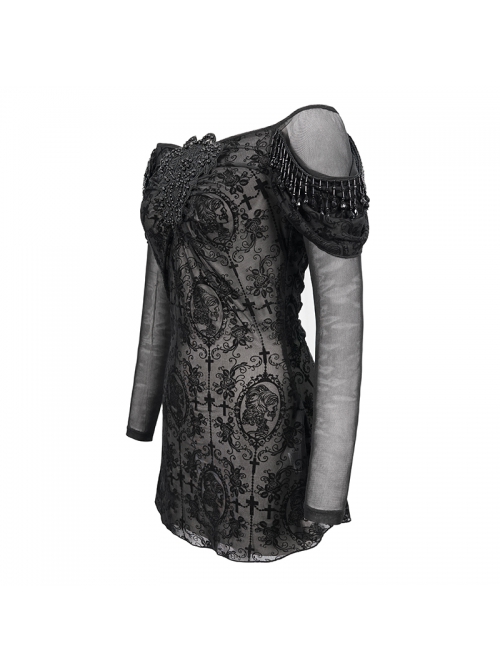 Off-Shoulder Front Chest Decals Bead Sleeve Beaded Tassel Webbing Black Gothic Flocking Print Top