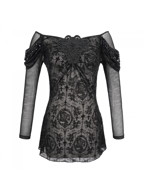 Off-Shoulder Front Chest Decals Bead Sleeve Beaded Tassel Webbing Black Gothic Flocking Print Top