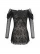 Off-Shoulder Front Chest Decals Bead Sleeve Beaded Tassel Webbing Black Gothic Flocking Print Top