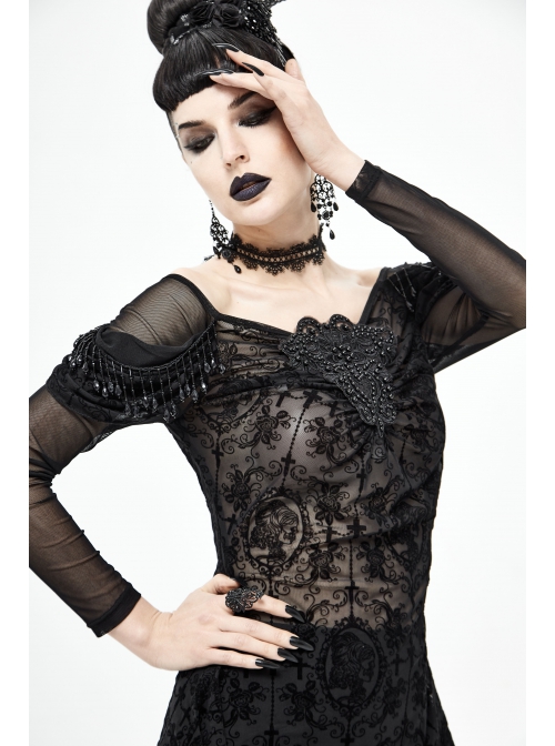 Off-Shoulder Front Chest Decals Bead Sleeve Beaded Tassel Webbing Black Gothic Flocking Print Top