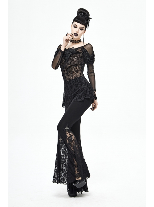 Off-Shoulder Front Chest Decals Bead Sleeve Beaded Tassel Webbing Black Gothic Flocking Print Top