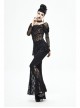 Off-Shoulder Front Chest Decals Bead Sleeve Beaded Tassel Webbing Black Gothic Flocking Print Top