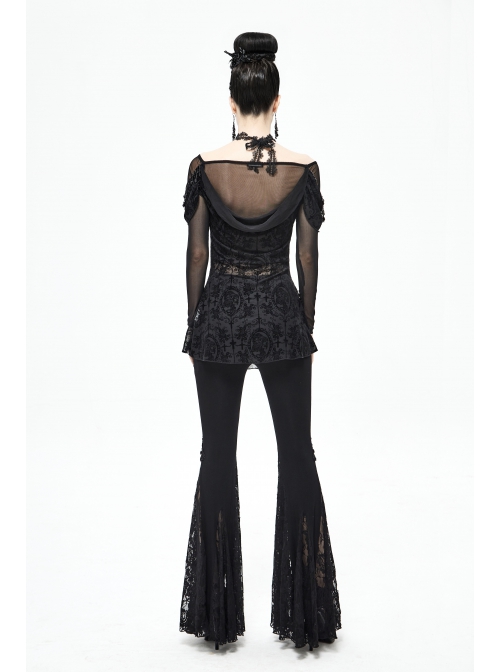 Off-Shoulder Front Chest Decals Bead Sleeve Beaded Tassel Webbing Black Gothic Flocking Print Top