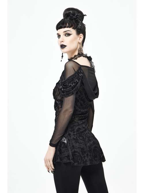 Off-Shoulder Front Chest Decals Bead Sleeve Beaded Tassel Webbing Black Gothic Flocking Print Top