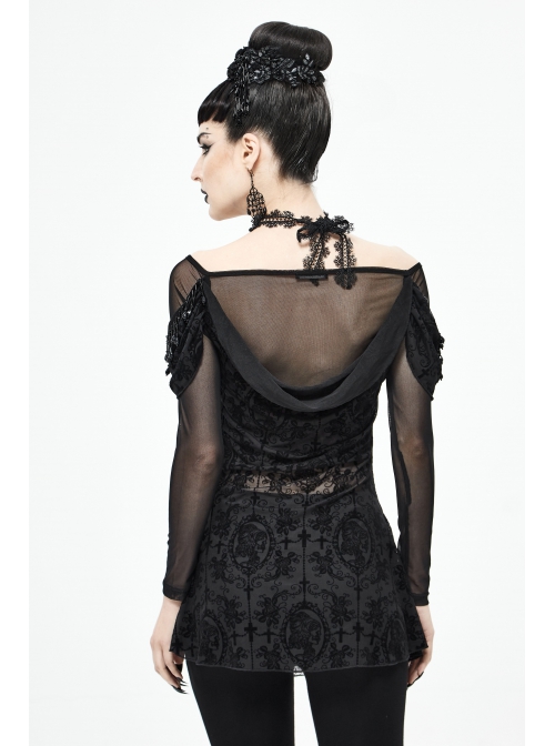 Off-Shoulder Front Chest Decals Bead Sleeve Beaded Tassel Webbing Black Gothic Flocking Print Top