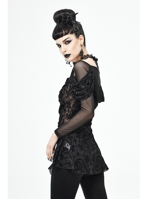 Off-Shoulder Front Chest Decals Bead Sleeve Beaded Tassel Webbing Black Gothic Flocking Print Top