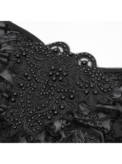 Off-Shoulder Front Chest Decals Bead Sleeve Beaded Tassel Webbing Black Gothic Flocking Print Top