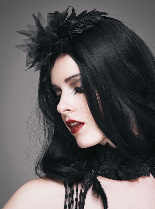 Feather Pattern Lace Three-Dimensional Flowers Black Gothic Headdress