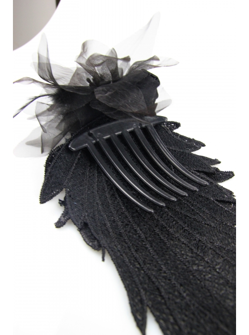 Feather Pattern Lace Three-Dimensional Flowers Black Gothic Headdress