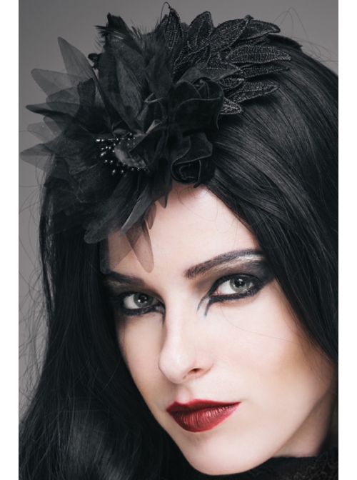 Feather Pattern Lace Three-Dimensional Flowers Black Gothic Headdress