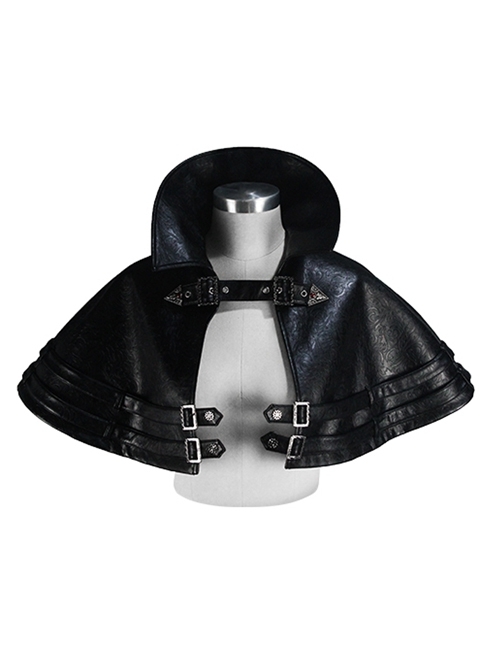 Metal Buckle Leather Loop Collar Black Punk Pattern Leather Cape