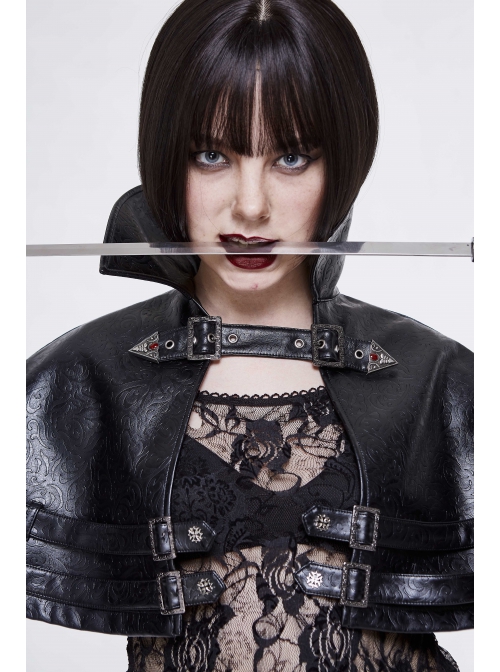 Metal Buckle Leather Loop Collar Black Punk Pattern Leather Cape