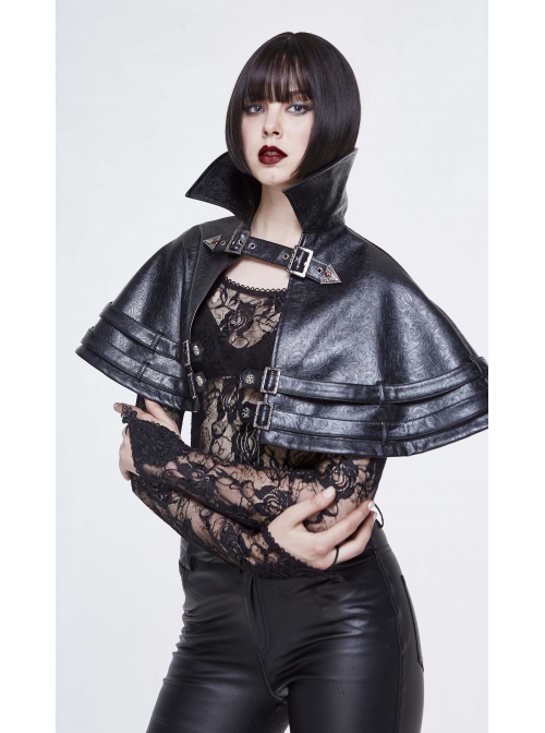 Metal Buckle Leather Loop Collar Black Punk Pattern Leather Cape