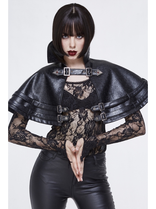 Metal Buckle Leather Loop Collar Black Punk Pattern Leather Cape