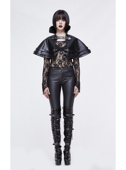 Metal Buckle Leather Loop Collar Black Punk Pattern Leather Cape