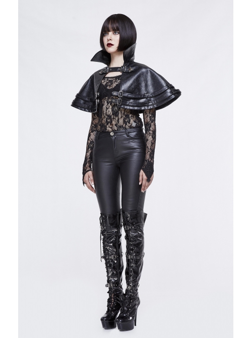 Metal Buckle Leather Loop Collar Black Punk Pattern Leather Cape