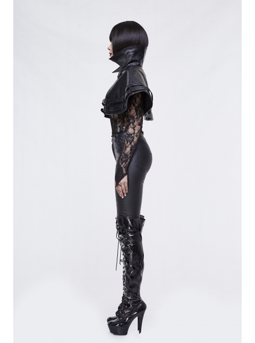 Metal Buckle Leather Loop Collar Black Punk Pattern Leather Cape