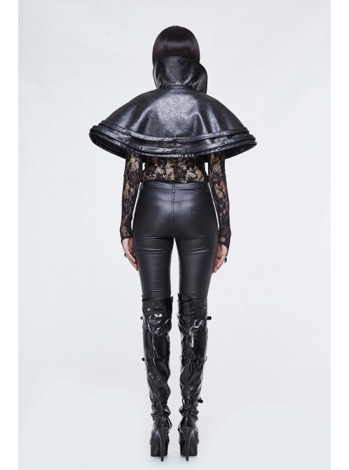 Metal Buckle Leather Loop Collar Black Punk Pattern Leather Cape